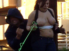 So this hotty with a tiny dog and massive fucking knockers comes walking up the street in a TUBE TOP! Everybody knows these are just meant to be pulled down! Her boobs were just begging to bust out of that tight top so we helped 'em out!