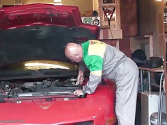 These pair of guys are looking forward to fixing the car when the hawt young teen walks into the garage and all of sudden instead of fixing the car they want to fit their cocks into the tight fur pie of this teen. She is specially attracted to the bald stud as this babe walks off hand in hand to fuck them.