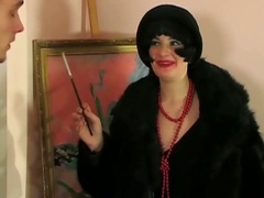 Retro dressed brunette hair eats pecker and does hardcore anal