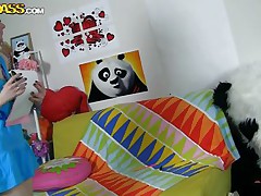 The horny Panda found this time a girl obsessed with him! This gal has a poster with panda on the wall and draws a picture of him now. She's so slutty and happy that lastly panda visited her but does this babe knows what his intentions are? Well this babe maybe a bit innocent and stupid but that's how panda likes it!