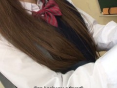 Hawt dark brown hair student Ria Sakurai receives bare for school principal after the classes and receives her slit stimulated by vibrator in advance of that babe gives head to him and other professors on her knees and getting banged hardcore in group sex session on the desk